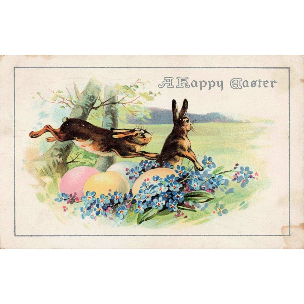 Easter Postcard 1913 Hares Rabbits Jumping Eggs Forget-Me-Nots Embossed Germany